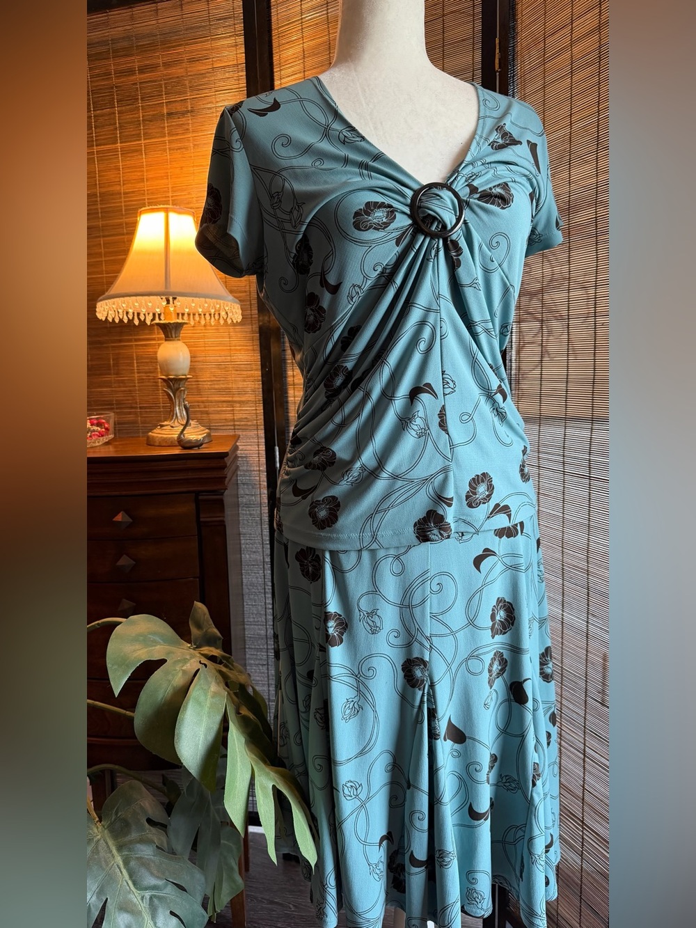 Apt. 9 Petite 2 Piece Skirt Set PM Teal Black Floral Ring Front Ruched Top